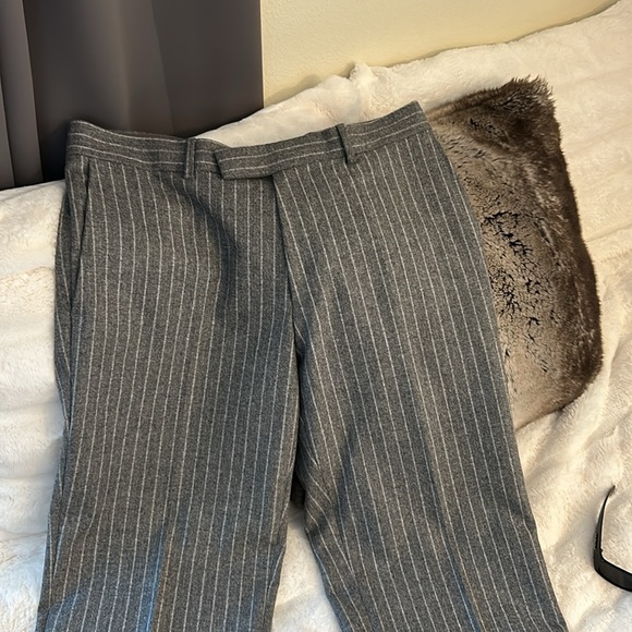 Hugo Boss Vtg wool grey pinstriped unisex wide straight leg trouser pants L XL - Picture 4 of 14